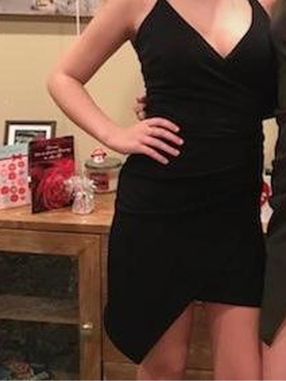 Agora Black Asymmetrical V-Neck Mini Dress
